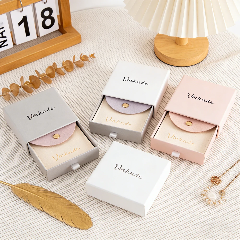 

24/50/100Pcs Custom Logo Earrings Sliding Drawers Boxes Jewelry Packaging Paper Gift Box with Microfiber Velvet Snap Button Bag