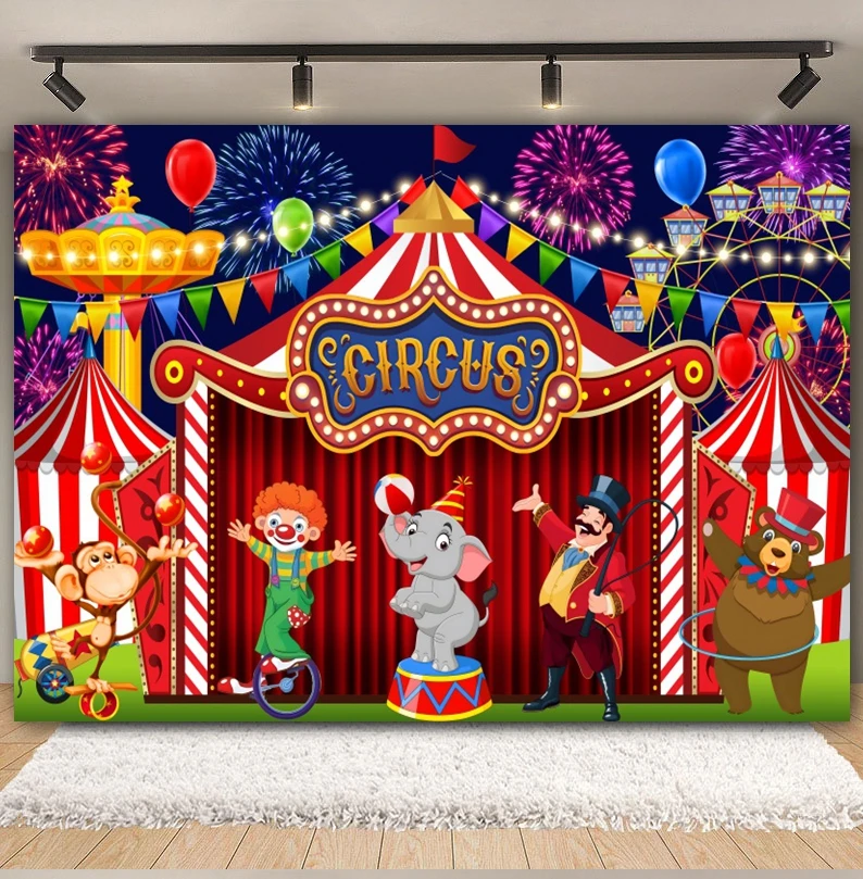 Circus Theme Backdrop Red Tent Ferris Wheel Carousel Hot Air Balloon Baby Birthday Party Photography Background Decor Photo Prop