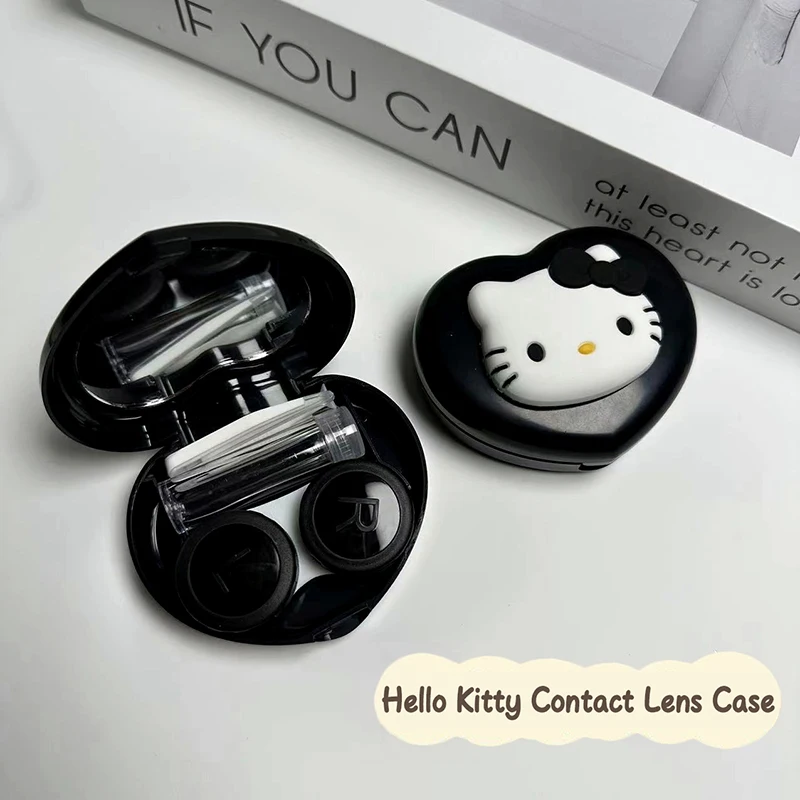 Portable Sanrio Hello Kitty Contact Lenses Case Love Beauty Pupil Storage Box Cosmetic Lens Container W/Wearing Stick Tweezers