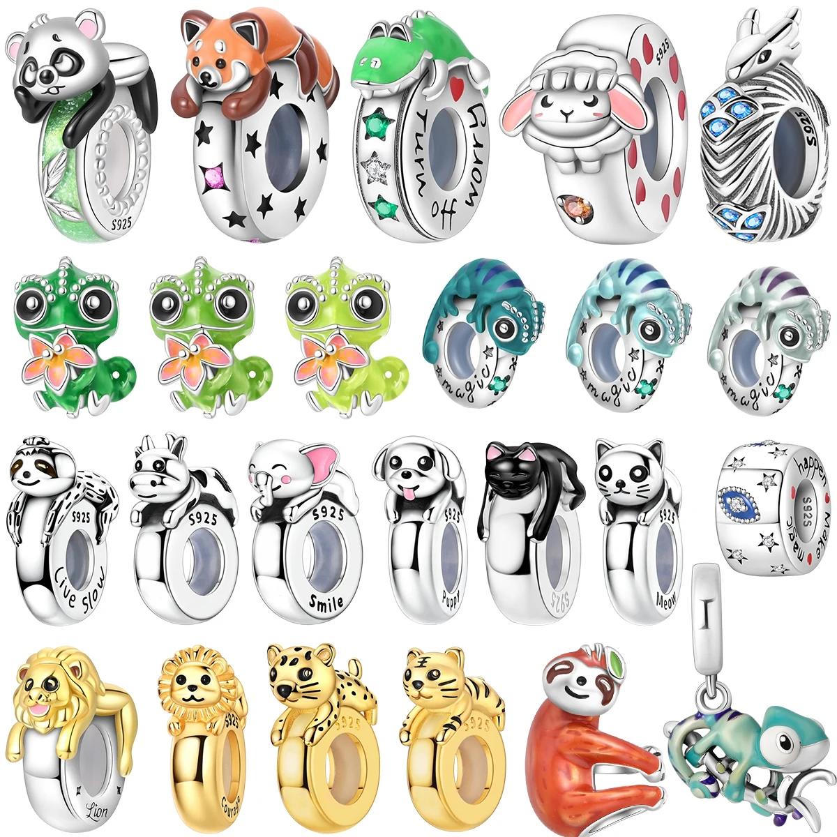 New 925 Sterling Silver Animal Spacer Beads Chameleon Raccoon Tiger Clasp Silicone Sloth Charm Fit Original Bracelet DIY Jewelry