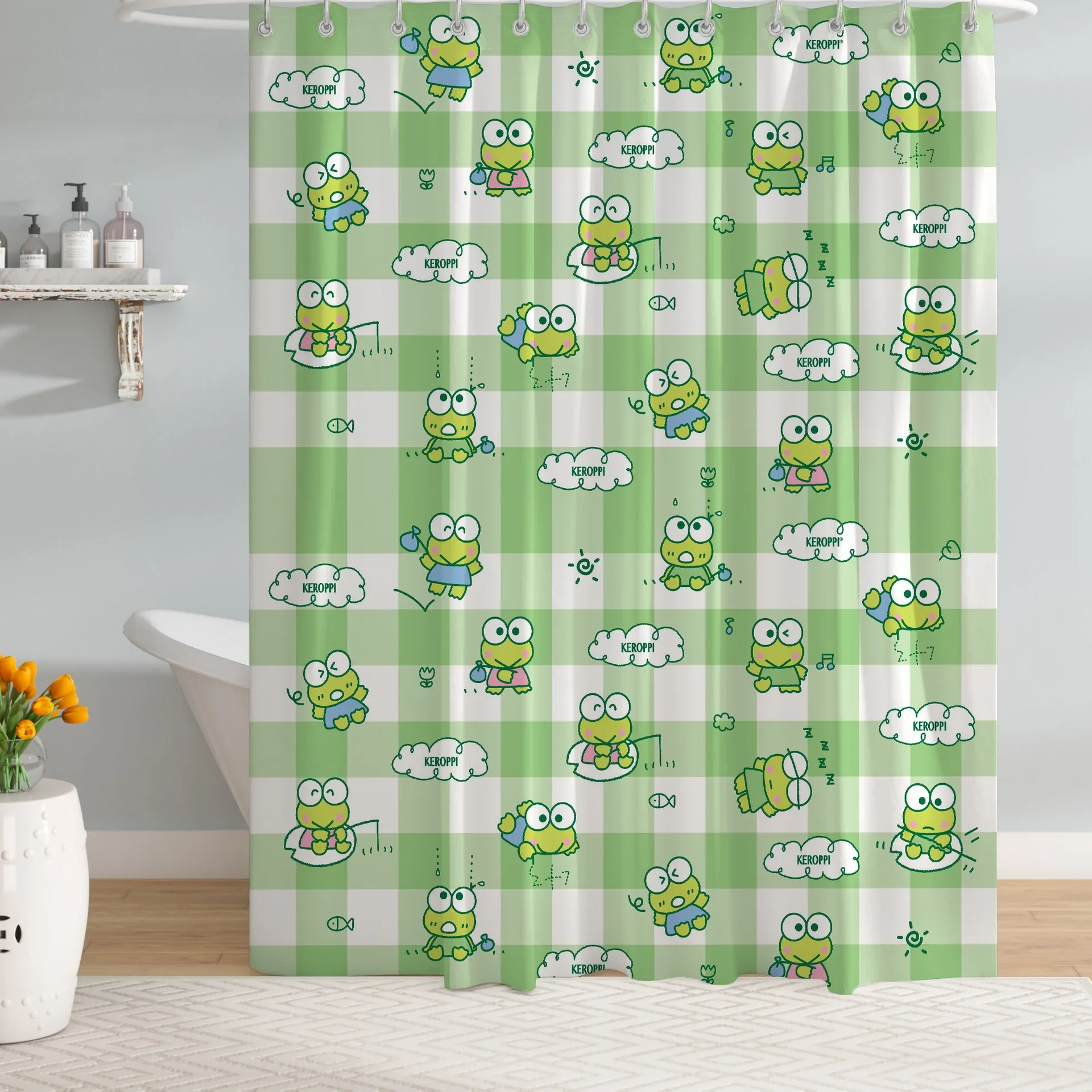 Sanrios Kawaii Green  Kerokero Keroppi Cartoon Shower Curtains Waterproof Mildew Bath Screen with Hooks Anime Home Decor