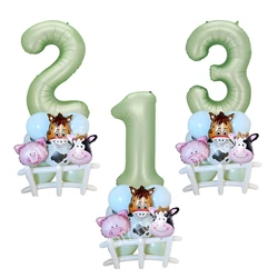 23pcs Farm Animal Balloons Carton Cow/Pig Balloon Tower Green Number Balloon for Kids Farmland Animal Birthday Party Decoration