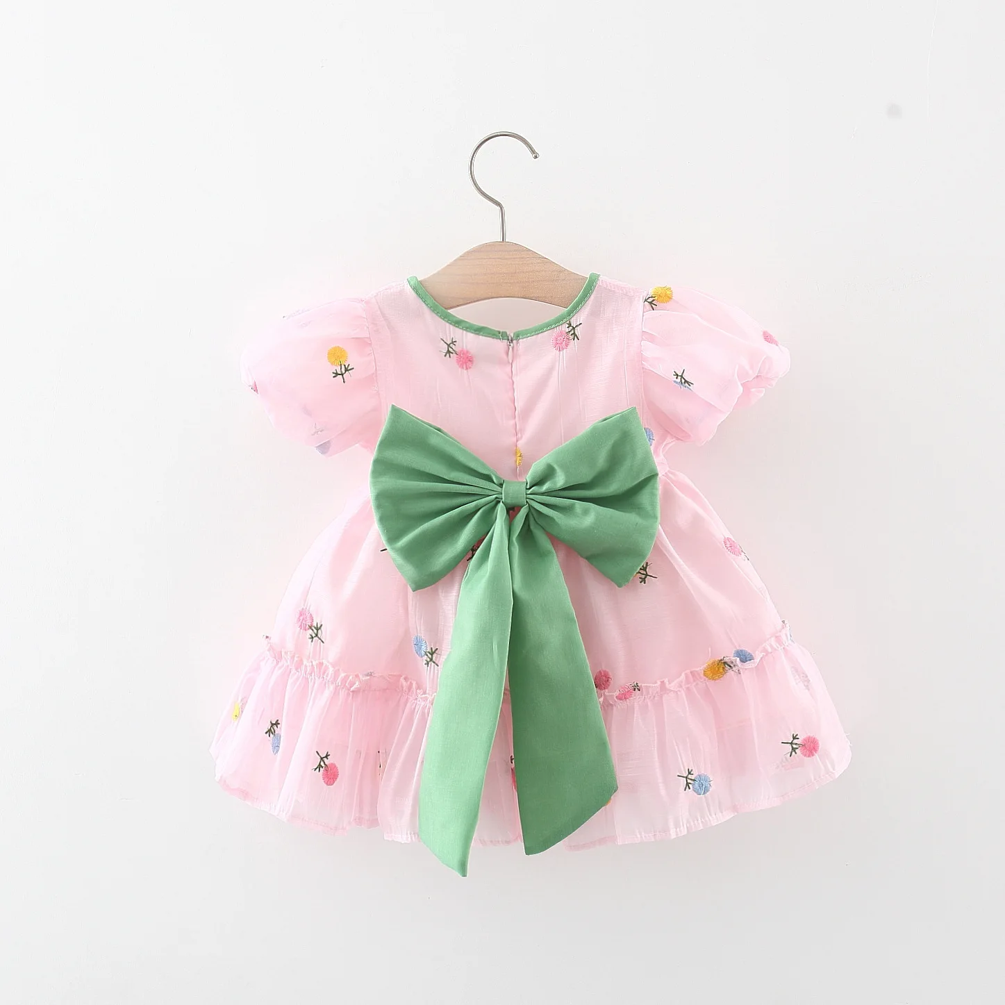 Summer Baby Fairy Bow Decoration Birthday Party Bubble Sleeve Embroidered Flower Girl Princess Dress