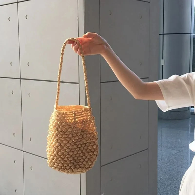 Summer Handmade Crossbody Bag for Women Beach Bag Weaving Drawstring Straw Bucket Shoulder Bag Female Travle Small Handbags Tote