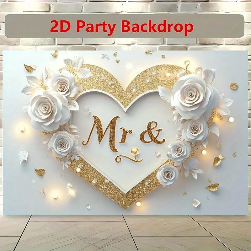 Wedding Mr & Mrs Heart Backdrop White Roses Gold Glitter Love Theme Photo Booth Background for Bridal Shower Engagement Party