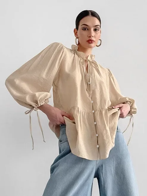 Crepe Elegant Lantern Sleeves Shirts Stand Collar Lace-Up Casual Solid Blouses And Tops Autumn Office Ladies 2025