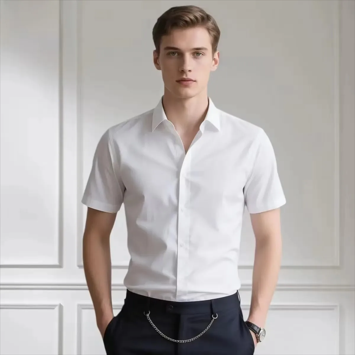 Camisas Sociais Masculinas Oversized S~5XL de Manga Curta para Verão, Cor Sólida, Antirrugas, Casual, Abotoada, Macia, para Eventos Sociais e Casament