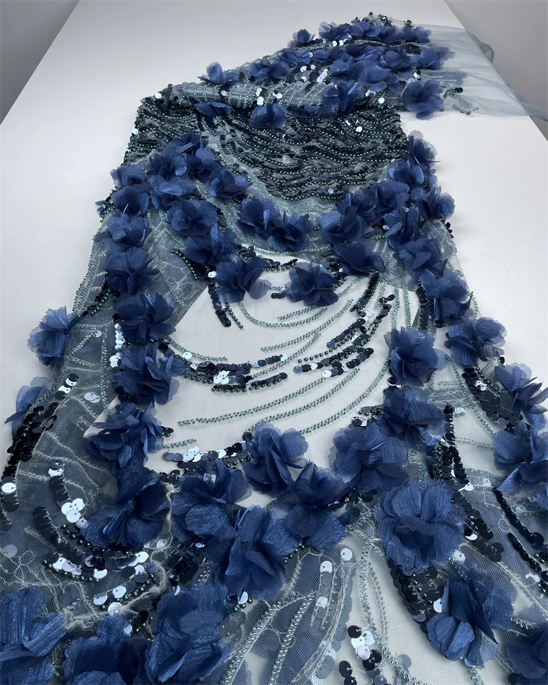 

Luxury French 3D Flower 5 Yards Lace Fabric African Nigerian Beaded Sequins Embroidered Lace Fabric for Wedding Party