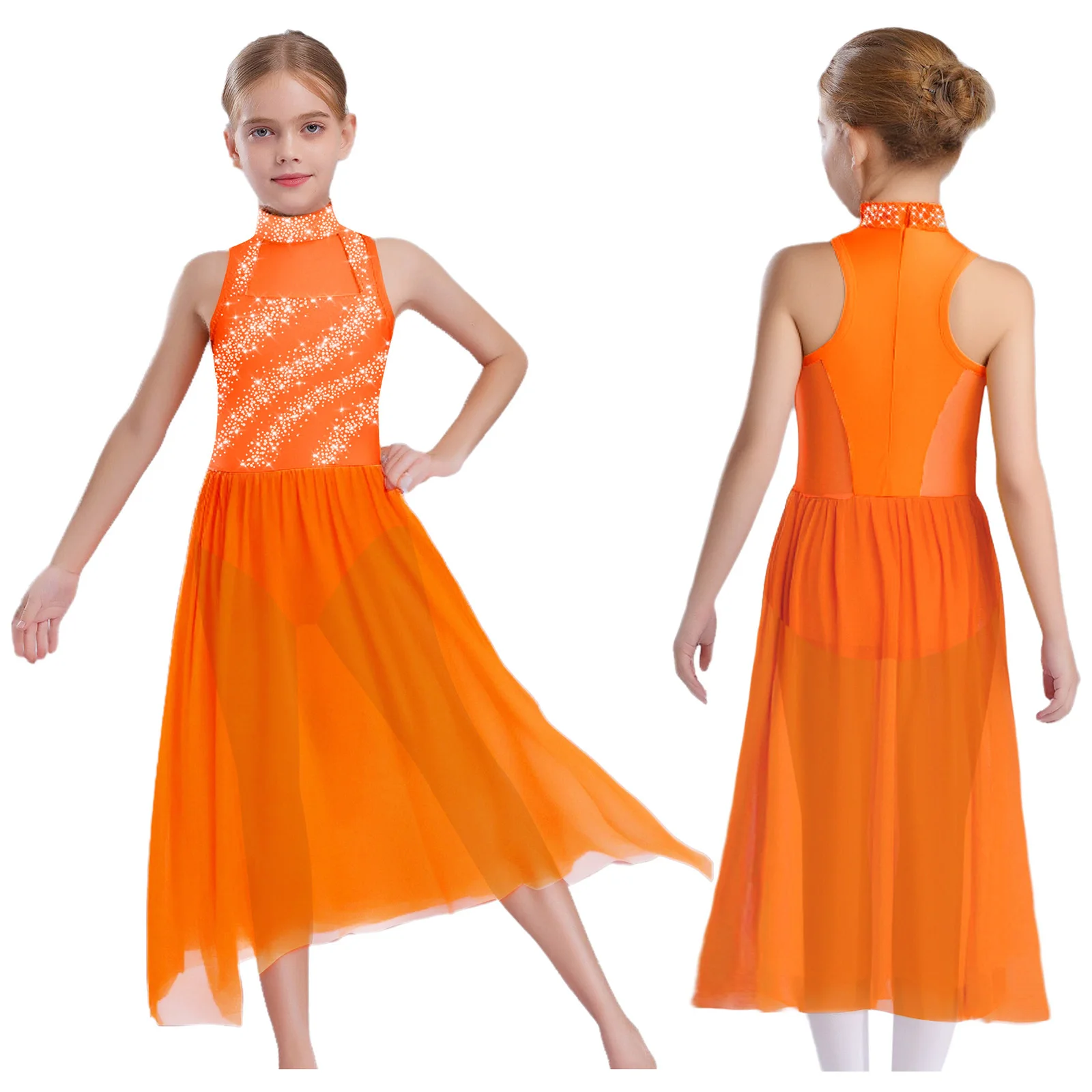 

Kids Girls Lyrical Contemporary Dress Sleeveless Shiny Rhinestones Side Split Dress Gymnastics Modern Dance Performance Costume