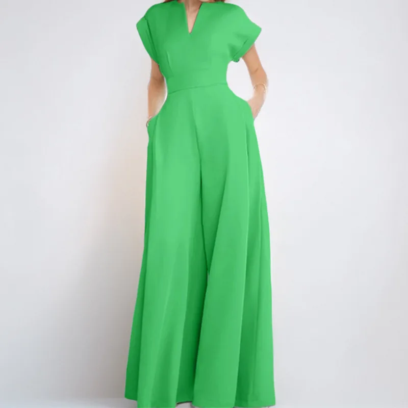 

Fashion Elegant Solid Color Jumpsuits Women V-neck Short Sleeves Loose High Waist Wide Legs Jumpsuit Female Commuting Clothing