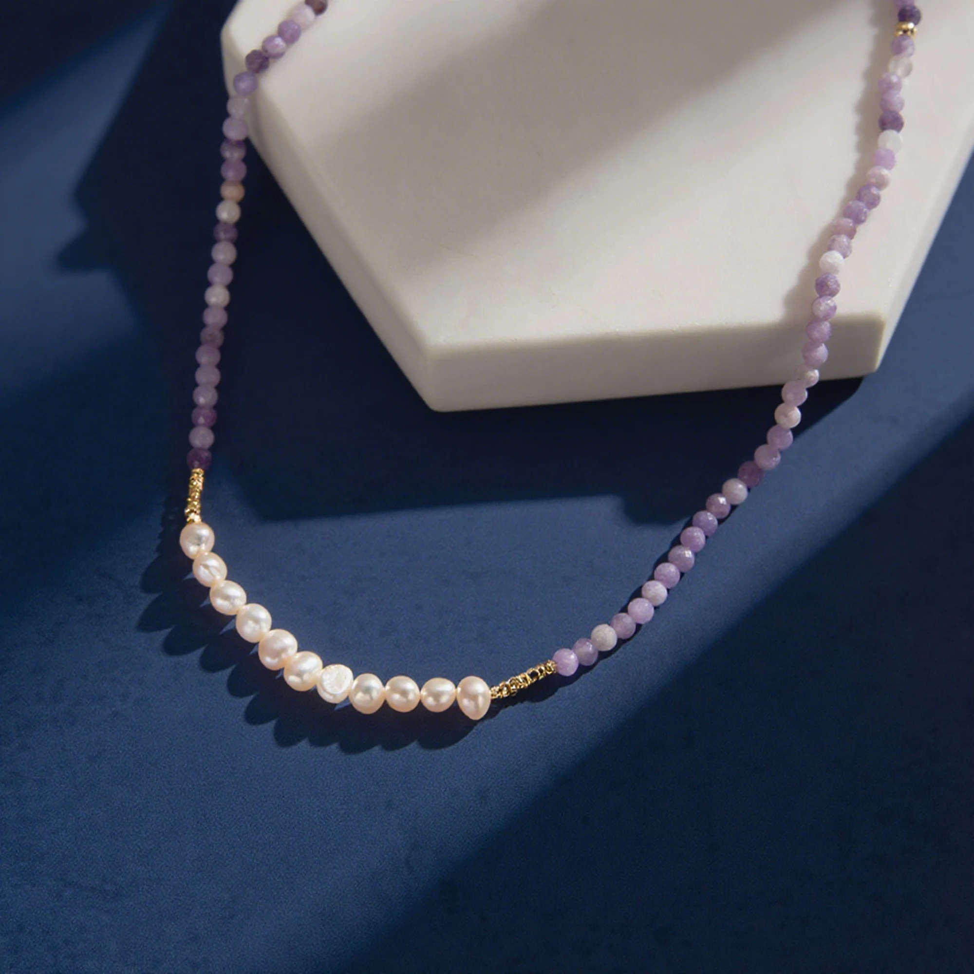 

EFFIE QUEEN 925 Sterling Silver 14K Gold Choker Necklace Natural Freshwater Pearls Plus Purple Mica Natural Stone Series MPN04
