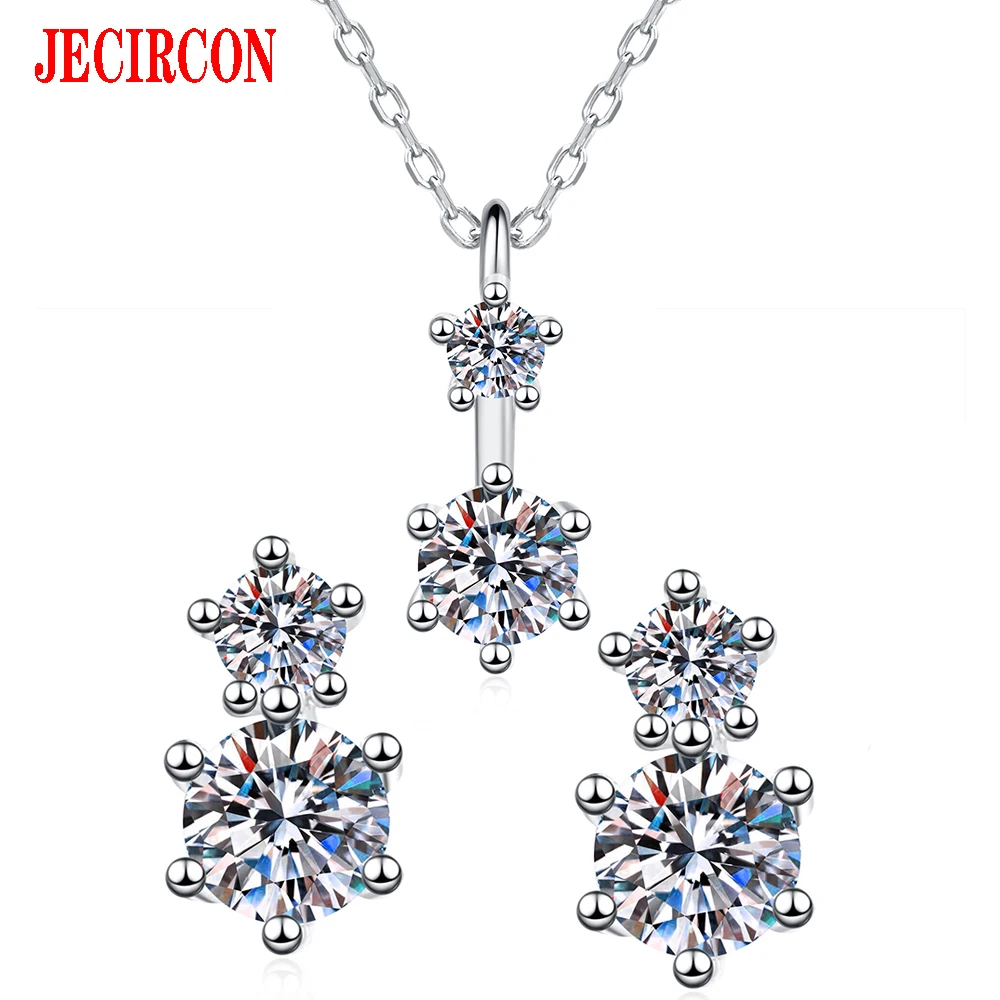 

JECIRCON S925 Sterling Silver Jewelry Set Double Moissanite Stud Earrings and Necklace Dainty & Shiny Trendy Jewelry for Women