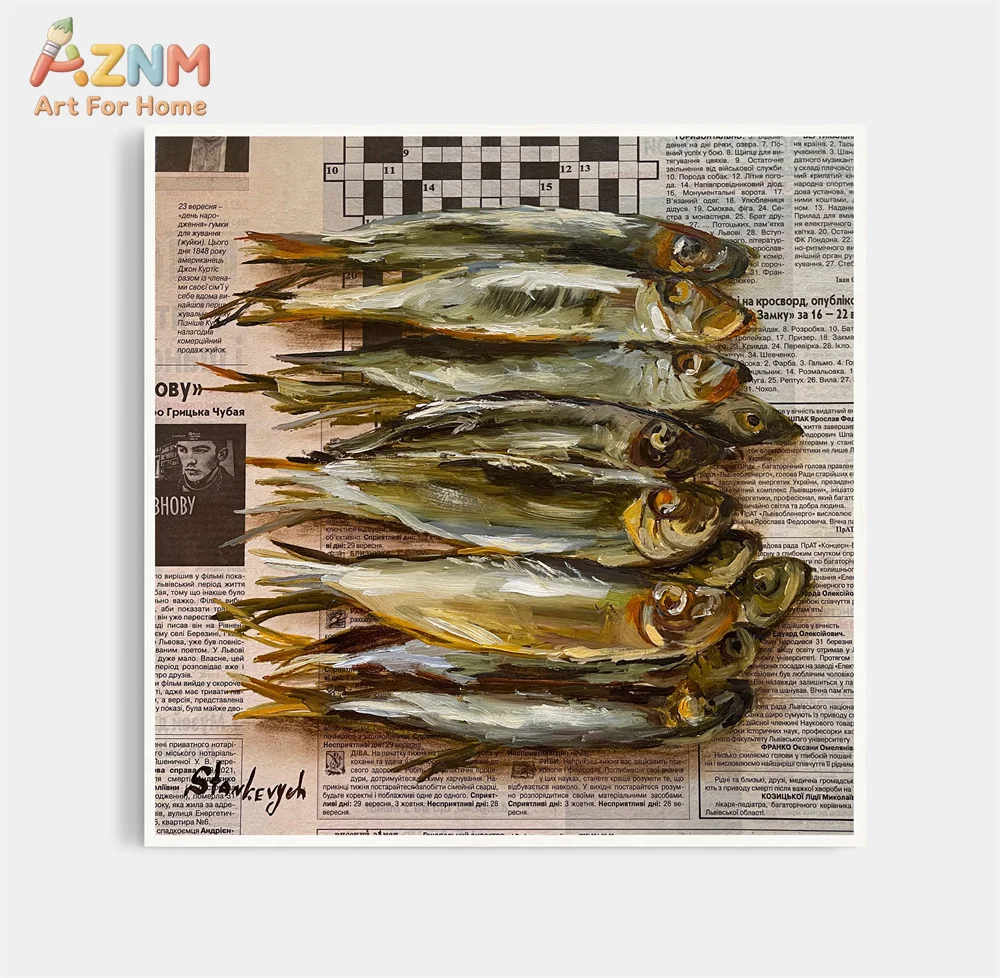 AZNM Unframed Canvas Print Newspaper Food Still Life Oil Painting Wall Art Donut Avocado Kitchen Home Decor Poster