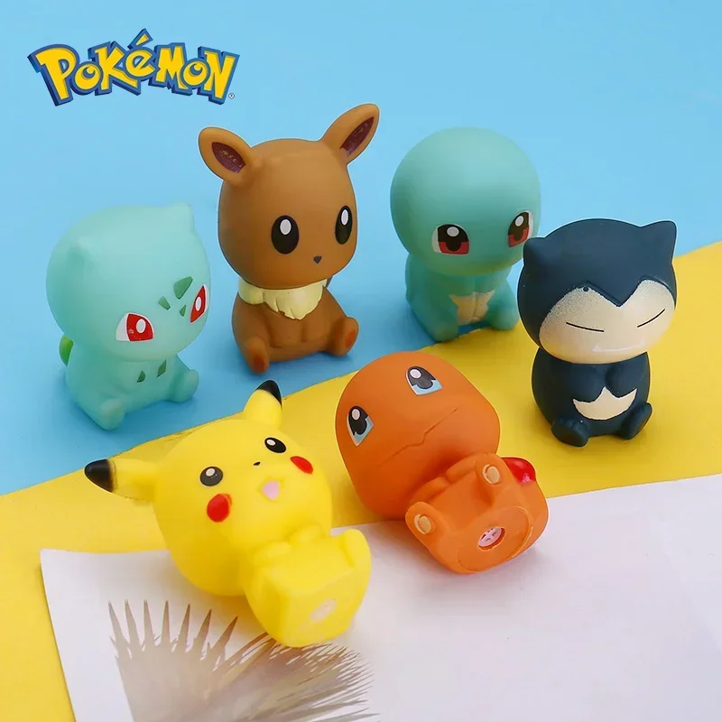 6PCS Pokemon Kids Baby Bathroom Toys Anime Pikachu Bulbasaur Charmander Squirtle Eevee Snorlax Cartoon Figures Vocal Bath Toy