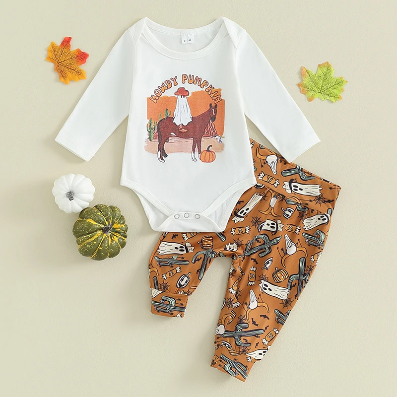 

2023-08-21 Lioraitiin 0-9M Baby Boys Girls Halloween Clothing Sets Long Sleeve Letter Horse Romper Ghost Pumpkin Print Pants Set