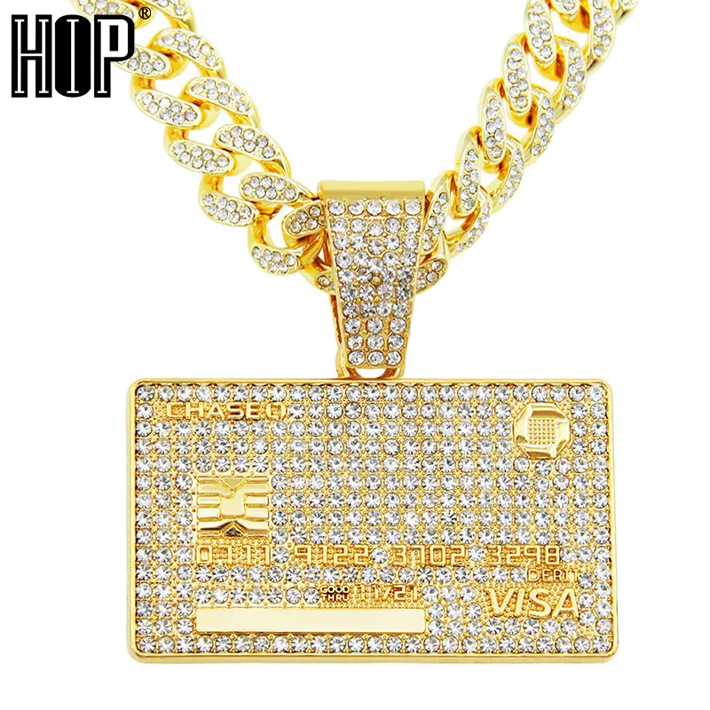 HIP HOP Bling Iced Out Bank Card Shape Pendant Cuban Necklace for Women Men Shiny Rhinestone Zircon Necklace Rappers Jewelry