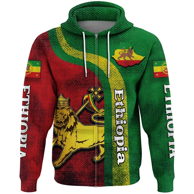 Ethiopia Flag Graphic Zipper Pullovers For Men Women Ethiopian National Emblem 3D Printed Hoodies Loose Street Tops Sweatshirts