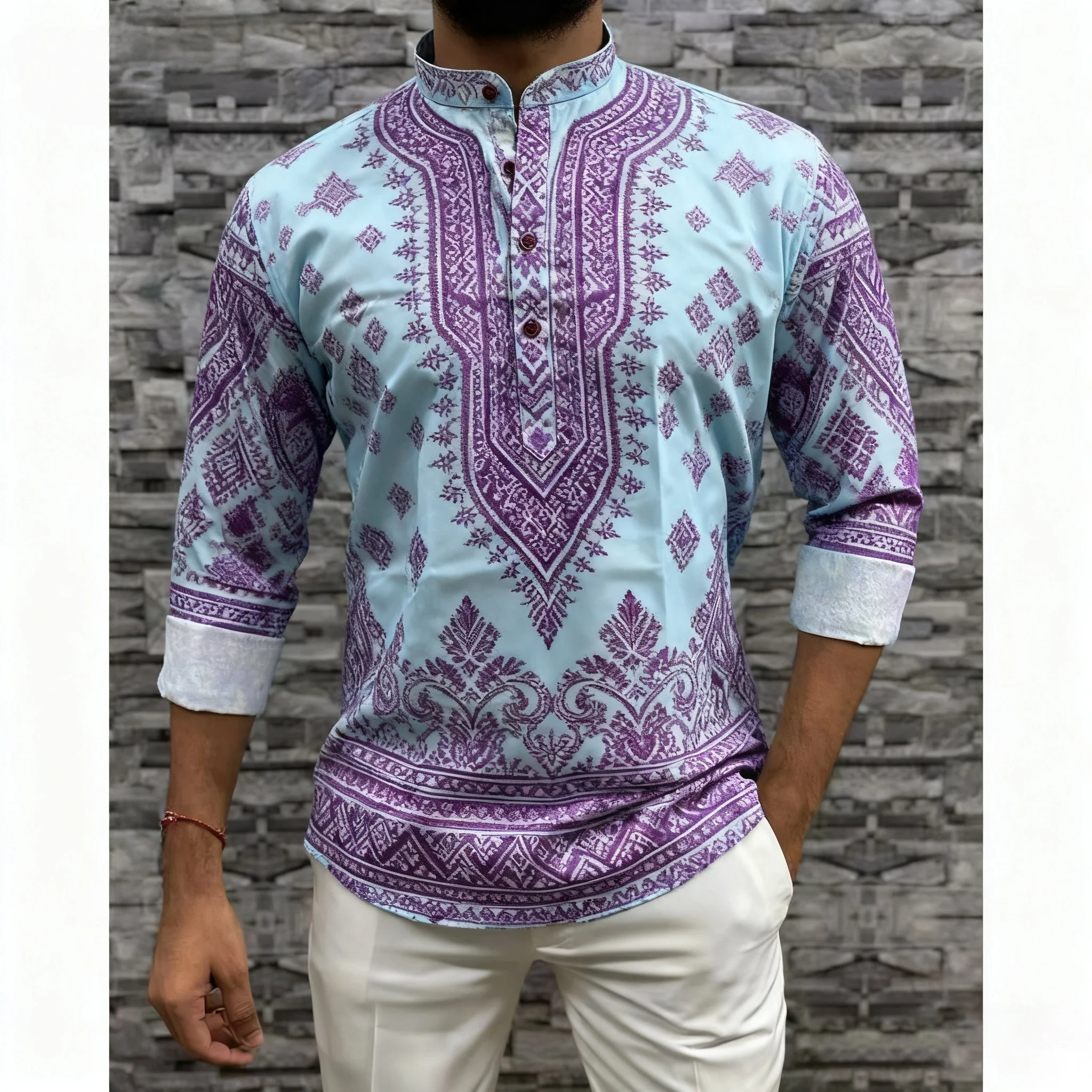 رداء رجالي مسلم لعام 2026 قميص بأكمام طويلة نمط عرقي بياقة واقفة ملابس عربية للرجال Vetements Homme Musulman