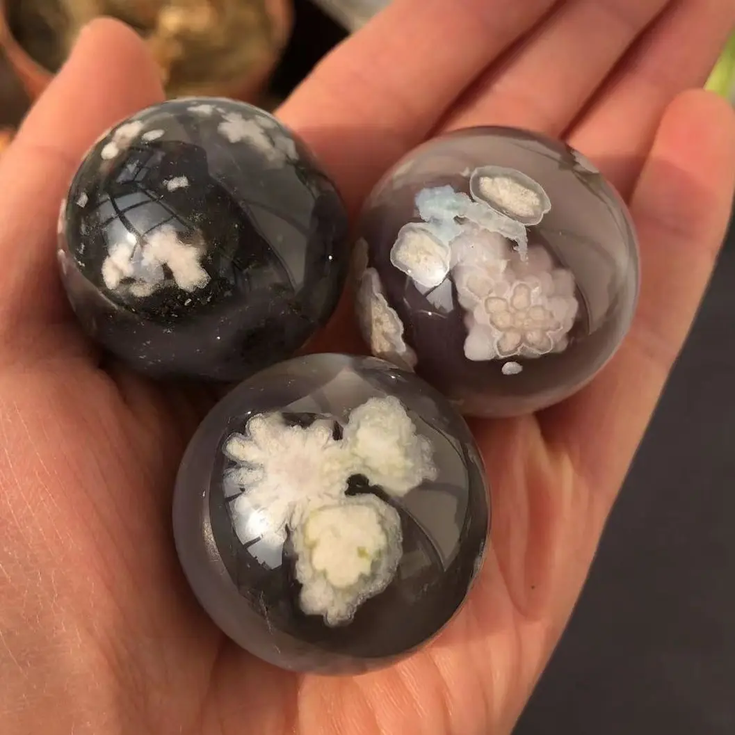 Mini Natural Crystal Sakura agate Ball Polished Gemstone Non-porous Loose Beads Reiki Quartz Divination Fish Tank Home Decoratio