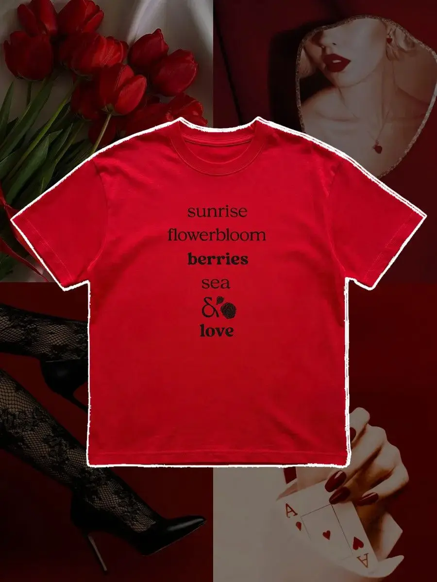 Summer Red Paired with Sunrise Flowerbloom Print, 100% Pure Cotton Harajuku Minimalist INS Street Fashion Women's T-shirt