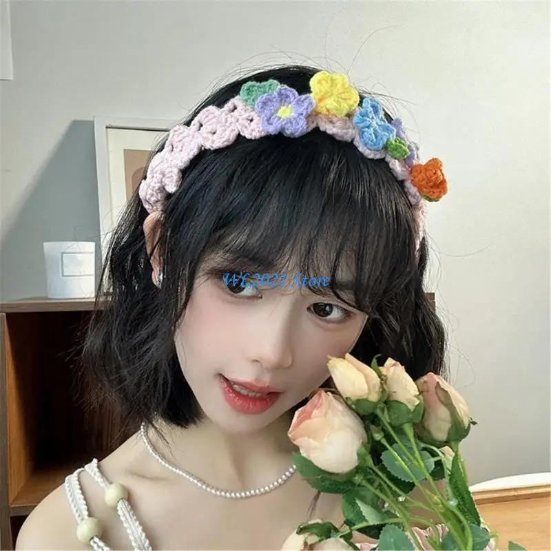 

G5GC Floral Headband Hairscarf Head Wrap Handmade Headwear Headscarf Elegant Colorful Knitted Headwraps