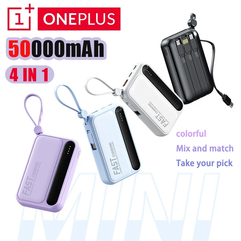 Oneplus-Banco de energía 4 en 1, 50000mAh, gran capacidad, Cables integrados, pantalla Digital inteligente, batería portátil ligera para Iphone