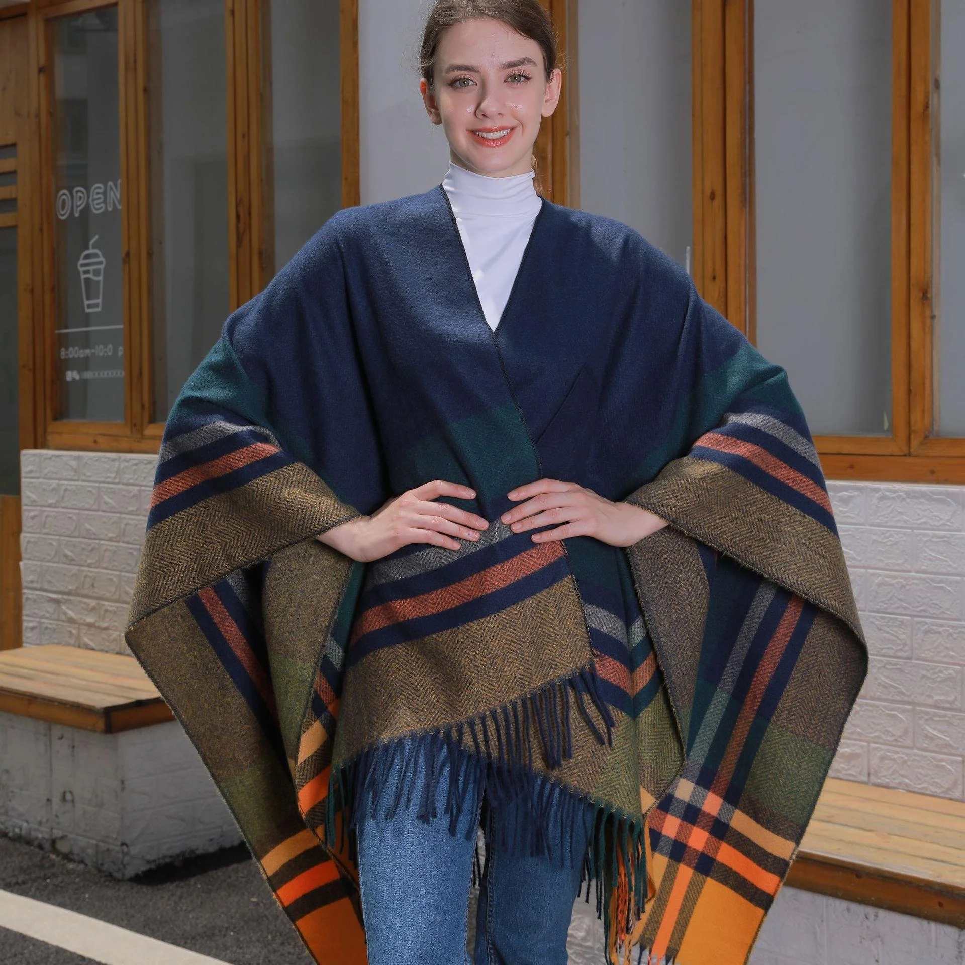 

New Women's Striped Tie oulder Wrap Coat Long Sve Warm Tassel Outerwear Spring Autumn Season Faion Outerfit