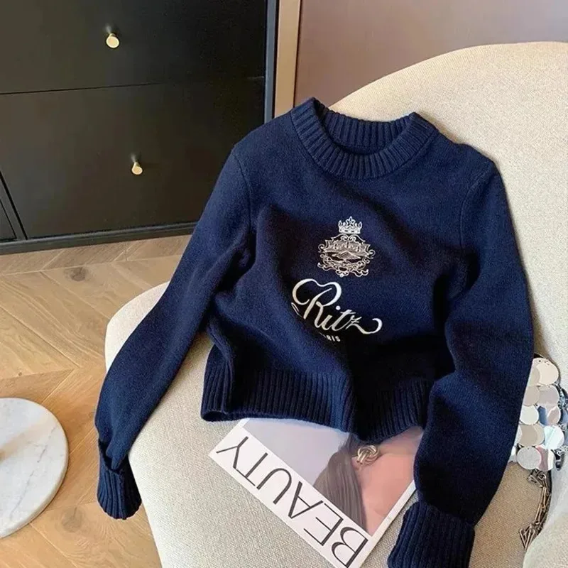 

Letters Embroidery Pullover Sweater Spring Autumn Women Round Neck Long Sleeve Knitwear Jumper Female Casual Design Tops