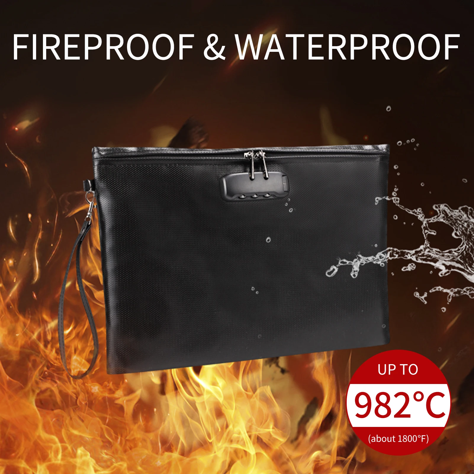 Fireproof A4 Document Bag with Lock Money Safety Organizer Zipper Closure Storage Pouch Pocket with 10 Cards Slot