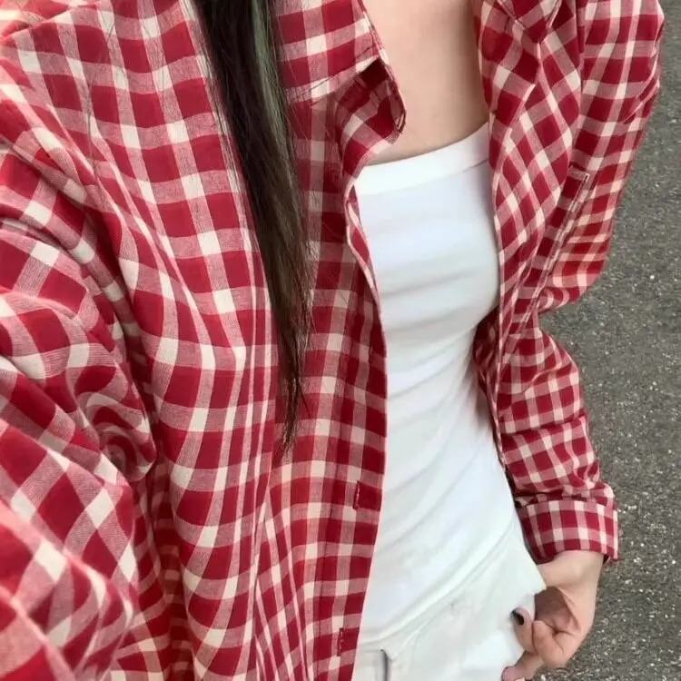 Retro American Red Plaid Long Sleeve Women's Shirt Early Spring Outerwear Summer Style Lazy Sun Protection Top Korean Version...