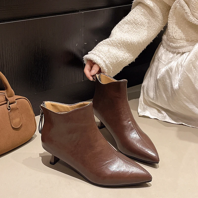 Fashion Naked Boots Spring and Autumn New Pointed Toe Back Zipper Anti-slip Wear-resistant Stiletto Shoes