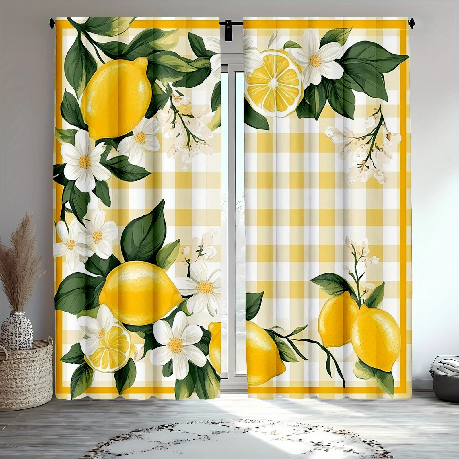 Set of 2 Lemon Watercolor Curtains, Featuring a Yellow Lattice Fruit Pattern Ideal for Light Blocking
