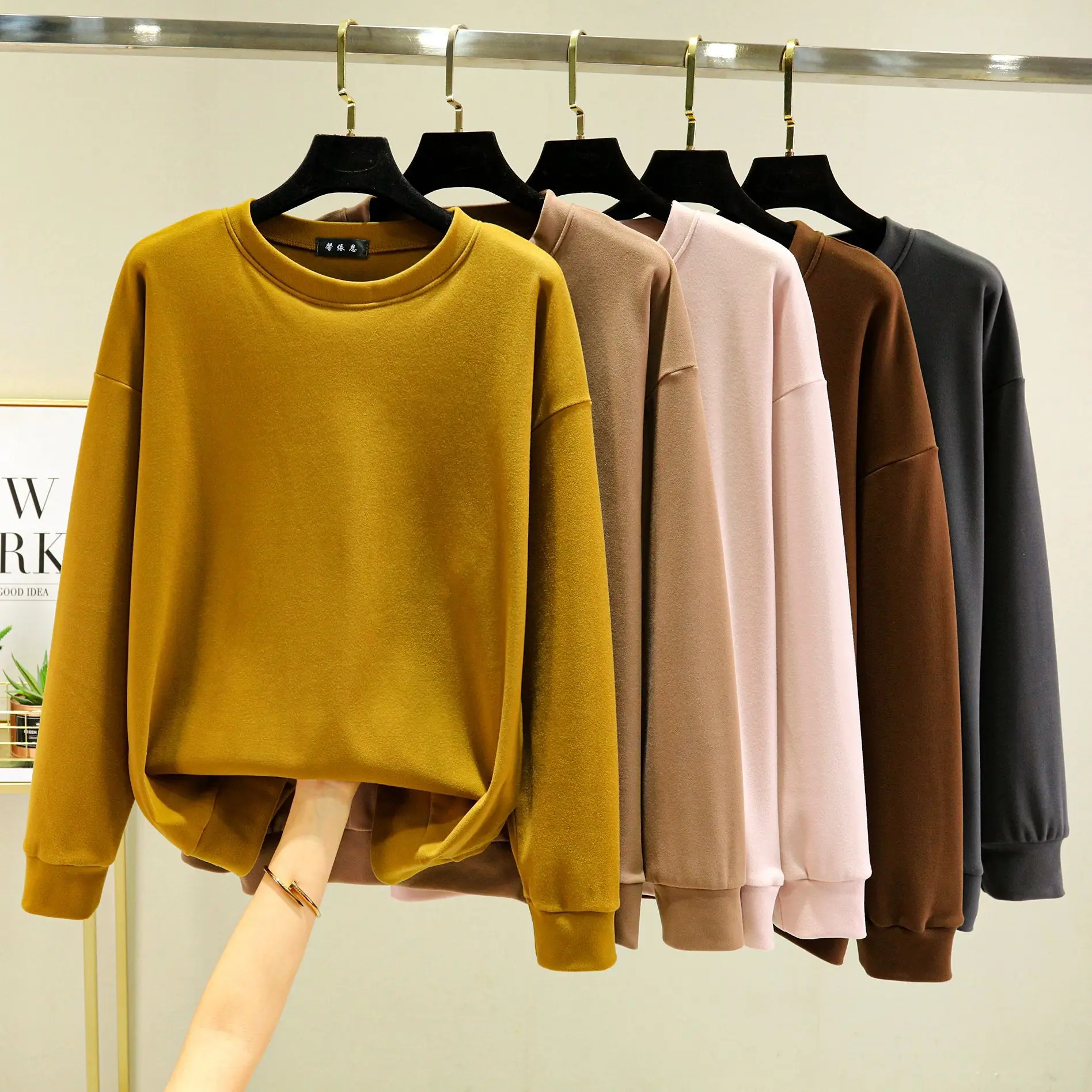 Dralon Loose Hoodies O Neck long sleeves Winter Autumn Thick fleece sweatshirt warm Pullovers Solid color all match