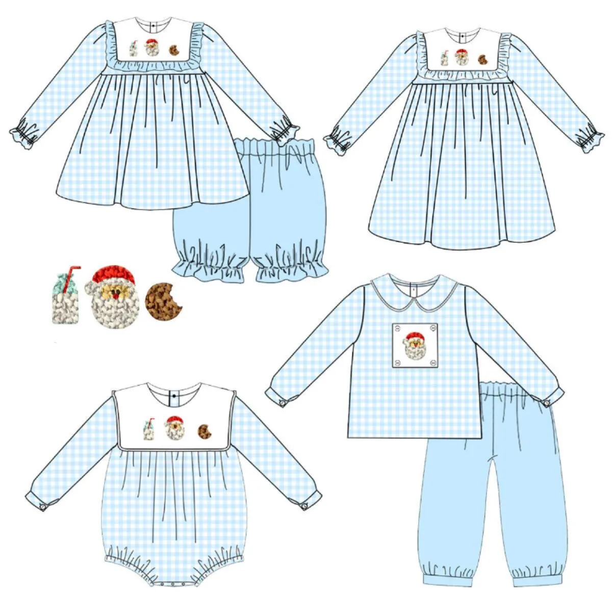 

Рождественский топ с длинными рукавами в синюю клетку с принтом молочного печенья и однотонные брюки, костюм для мальчика, платье и комбинезон для девочек.