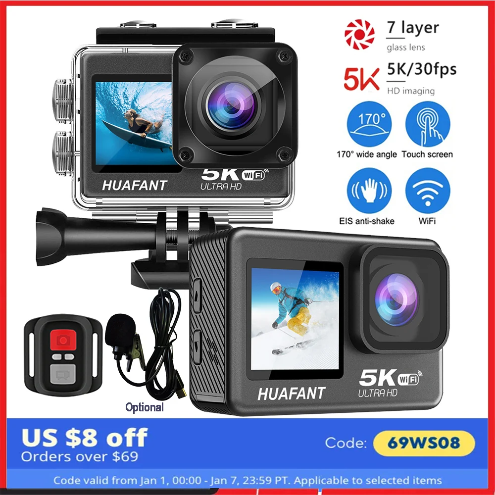 G9SE Action Camera 5K30fps 4K60fps 48MP 2.0 Touch LCD EIS DVR Webcam Dual Screen Wi-Fi 170D Waterproof 30M 5X Zoom Sports Camera