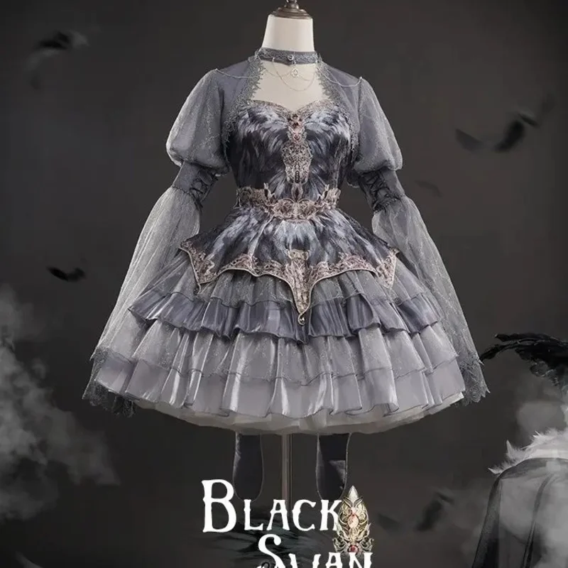 

Lolita sling dress Swan dance song Grey feather lolita dress multi layered cake skirt hem lolita dress