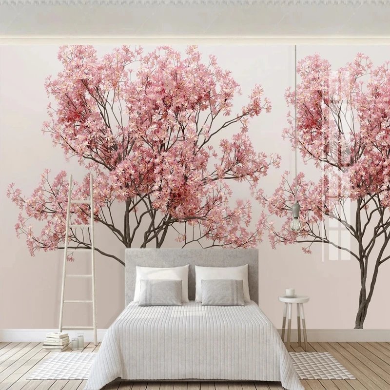 Custom Size 3D Photo Mural Wallpaper Romantic Pink Flowers Trees Paper Wall Hanging Paintings Bedroom Living Room Decor for Home