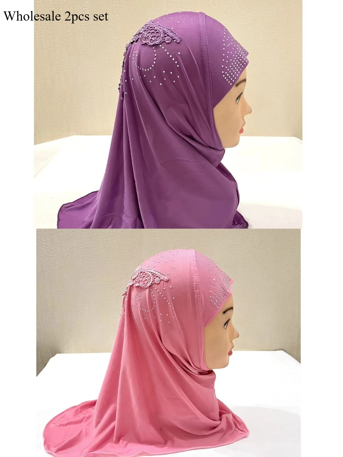 

Элегантный детский хиджаб-шарф Pretty Kid's Hat Hijabs Africa с мягкими стразами, мусульманский головной убор для молитв, фиолетовый платок для детей 2-7 лет