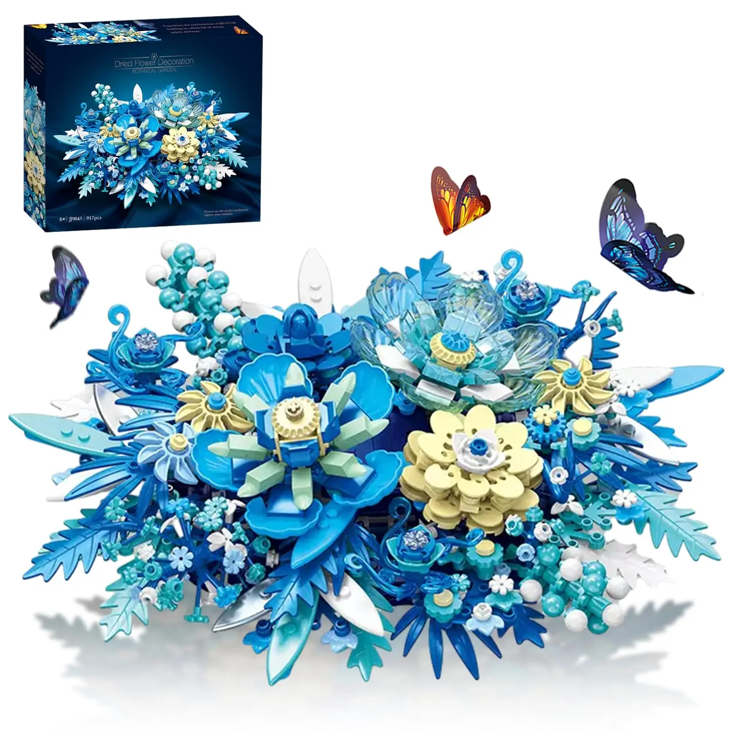 

917PCS Preserved Flower Bouquet Building Blocks Fantasy Blue Flowers Assembly Model Bricks Toy Creative Home Decor Children Gift