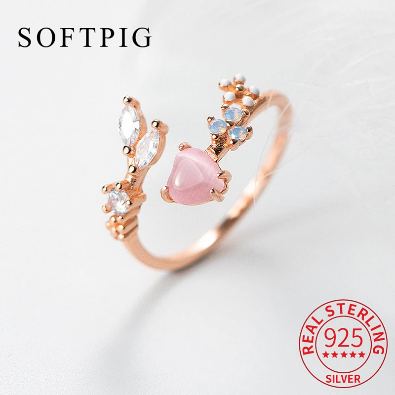 SOFTPIG INS Real 925 Sterling Silver Zircon Opal Flower Adjustable Ring For Fashion Women Classic Fine Jewelry Minimalist Bijoux