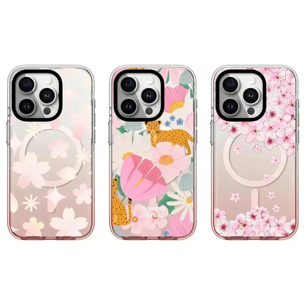 

Pink Gradient Transparent Border MagSafe Sakura Flower Pattern iPhone 13 14 15 Pro Max Protective Case