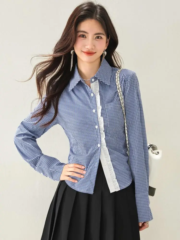 

Autumn Blue Plaid Patchwork Single Breasted Shirt French Vintage Women Elegant Long Sleeve Ruffles Short Tops Fashion Streetwear