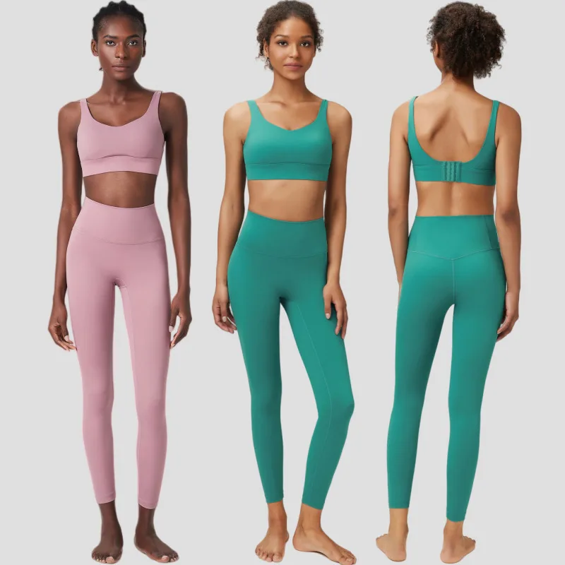 Two Pieces Fiess Sporty Yoga Set Women Solid Color Buttery Soft Gym Suit Breathable Workout Running Sportswear Female Clothes