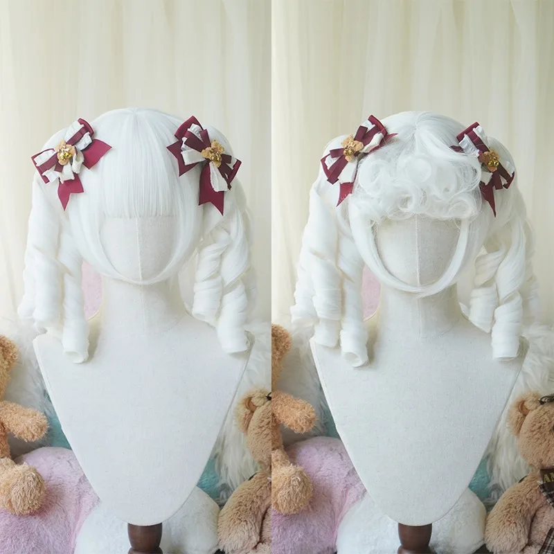 Parrucca sintetica a rotolo romano bianco/rosa Parrucca Bobo femminile elegante retrò Lolita con frangia dritta con parrucca da festa con fermaglio per capelli tigre a rotolo romano