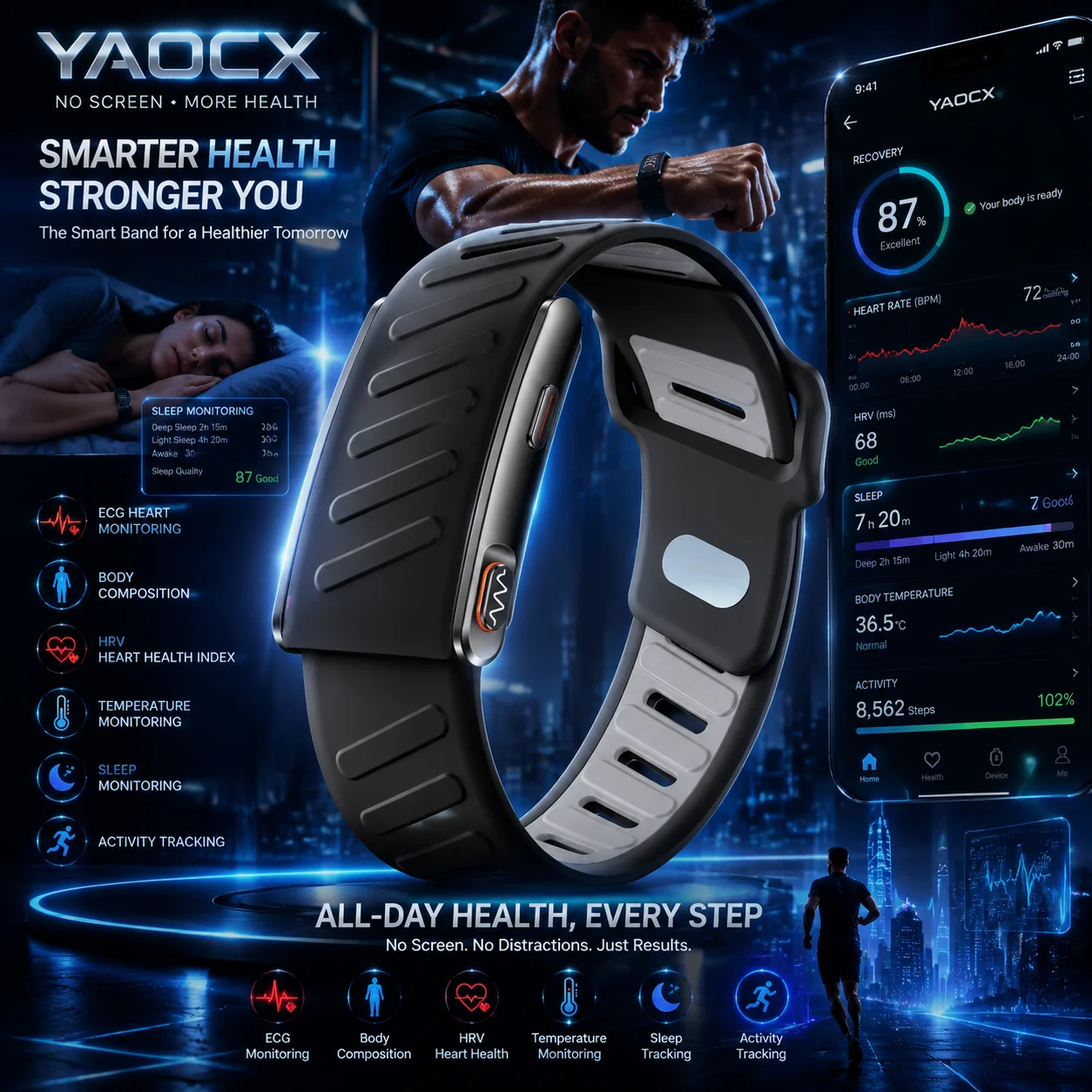 3ATM Waterproof Screen-Free Smart Band | ECG HRV Body Temp Sleep Monitor Multi Sport Mode Health Bracelet
