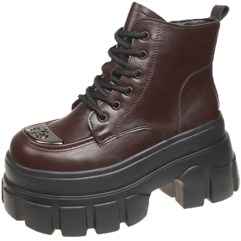 

Women Leather Ankle Boots New 2025 Autumn Winter Plush Warm Chunky Booties 9CM Wedge Heels Motorcycles Boots Zip Black Fur Shoes