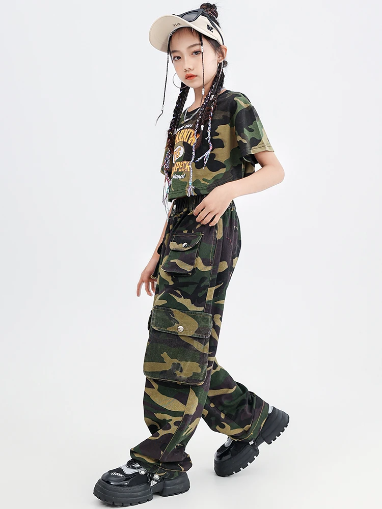 Girls Jazz Dance Costume Summer Crop Tops Pants Camouflage Performance Suit Kids Hip Hop Dance Clothes Fashion Outfit BL10537