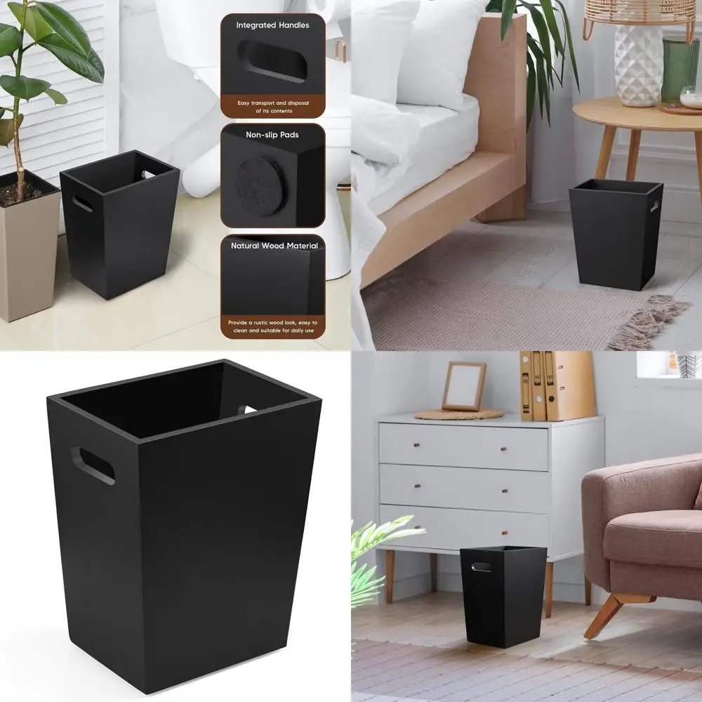 

2-Gallon Wooden Wastebasket with Handles, Rectangular Trash Can for Home and Office, Black
