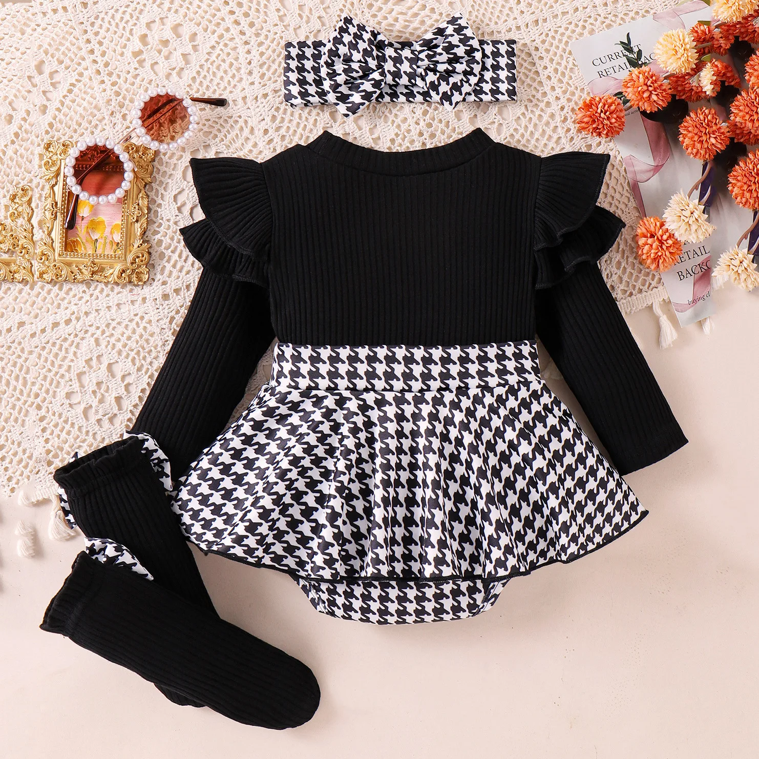 Baby 3Pcs Outfit Chic Long Sleeve Striped Ruffle Hem Romper Houndstooth Patchwork Bodysuit For Autumn Infant Daily Casual Outfit