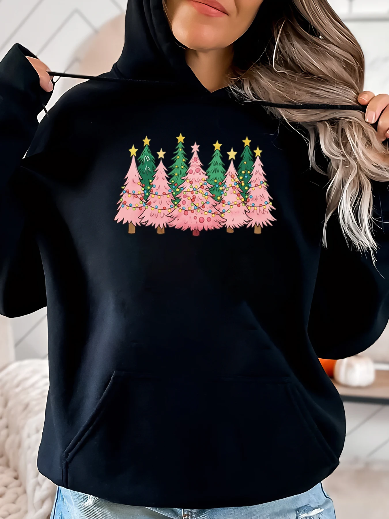 Sweat à capuche à motif arbre de noël rose vert pour femmes, tenue décontractée, noir, grande taille